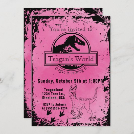 Jurassic Dino Roze Uitnodiging (Voorkant / Achterkant)