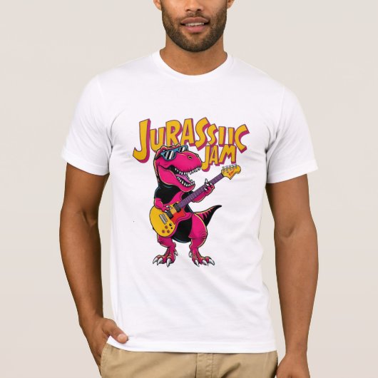 Jurassic Jam Mannen T-Shirt – Dinosaur aan het spe (Voorkant)