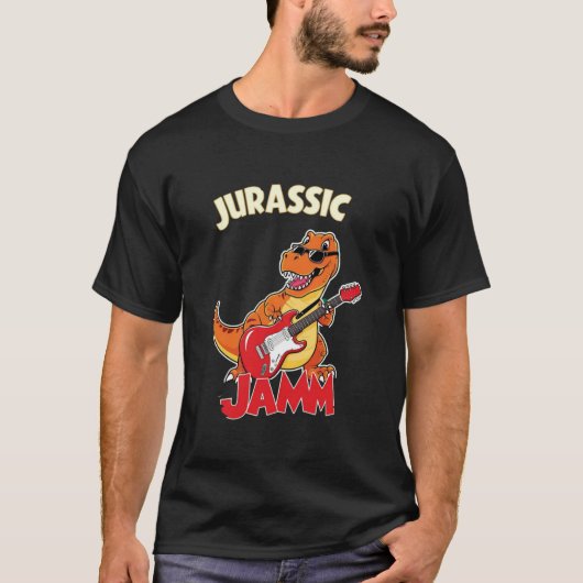Jurassic Jam Mannen T-Shirt – Dinosaur aan het spe (Voorkant)