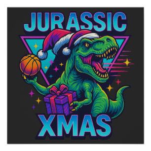 Jurassic Kerstmis T-Rex - Retro 80s Neon Dinosaur Perfect Poster