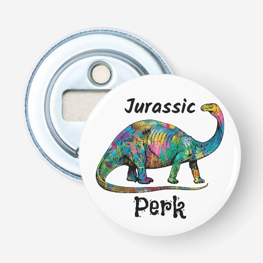 Jurassic Perk Kleurrijke Dinosaurussen Wit Button Flesopener (Voorkant)