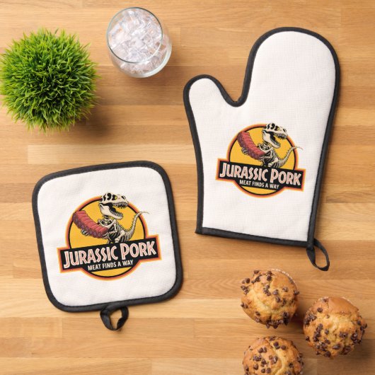 Jurassic Pork – BBQ Humor Ofenhandschuhe Ovenwant & Pannenlap Set (Top down)