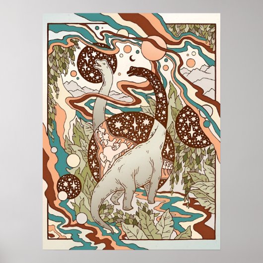 Jurassic Portal | Retro Regenboog Palet | Dinosaur Poster (Voorkant)