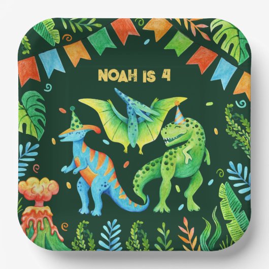 Jurassic Schattigee Dinosaurs Boys Verjaardagsfees Papieren Bordje (Voorkant)
