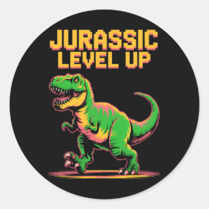 Juric Level Up Pixel Dinosaur Verjaardag Gamer  Ronde Sticker