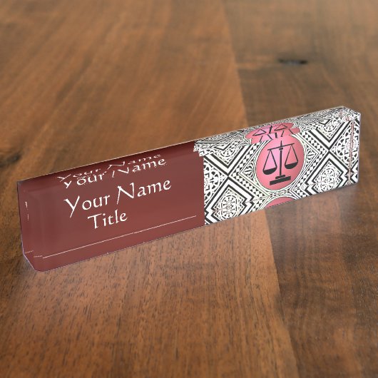 JURIDISCHE KANTOOR, ATTORNEY RED PINK WHITE DAMASK NAAMBORDJE (Zijkant)