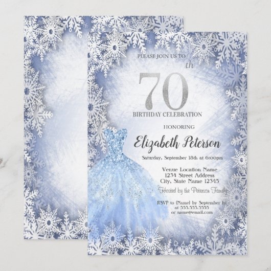 Jurk Blauwe Sneeuwvlokken Winter 70e verjaardag Kaart (Voorkant / Achterkant)