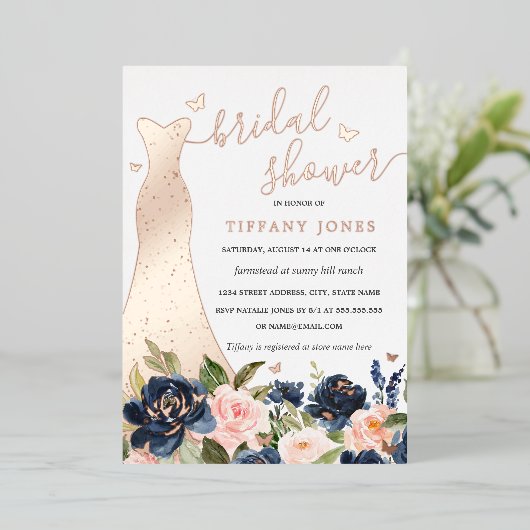 Jurk Blush Bloemen Roos Goud Vrijgezellenfeest Folie Uitnodiging (Staand Voorkant)