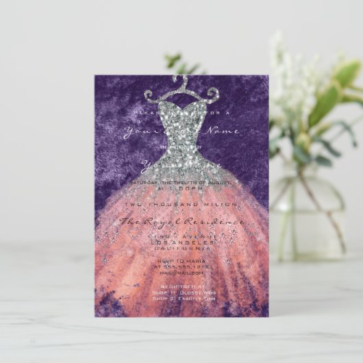 Jurk Glitter Bruids 16e Waterverf Koraal Zilver Kaart (Staand voorkant)