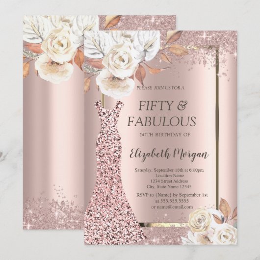 Jurk Glitter Confetti Herfstbloemen 50e Kaart (Voorkant / Achterkant)