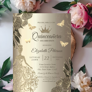 Jurk, Gouden Vlinders Bloemen Gouden Quinceañera Kaart