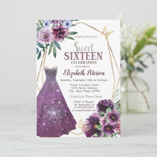 Jurk Meisje, Violet Bloemen Vlinder Zoet 16 Kaart (Staand voorkant)