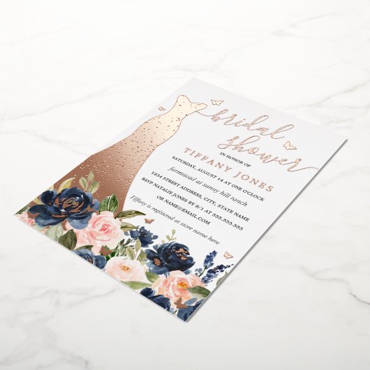Jurk Navy Blush Bloemen Roos Goud Vrijgezellenfees Folie Uitnodiging (Gedraaid)