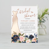 Jurk Navy Blush Bloemen Roos Goud Vrijgezellenfees Folie Uitnodiging (Staand Voorkant)