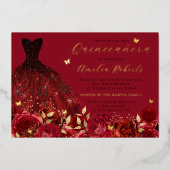 Jurk Rood Goud Vlinder Bloemen Folie Uitnodiging (Voorkant)