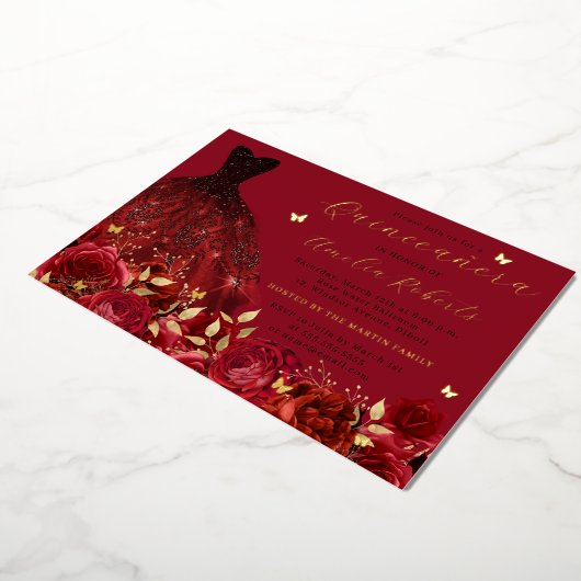 Jurk Rood Goud Vlinder Bloemen Folie Uitnodiging (Gedraaid)