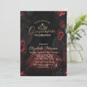 Jurk, tiara, chique rode rozen quinceañera kaart (Staand voorkant)