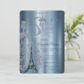 Jurk, Tiara, Diamanten Eiffeltoren Blauw Sweet 16 Kaart (Staand voorkant)