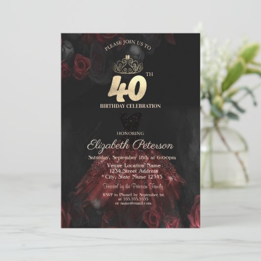 Jurk, Tiara, Rode Rozen 40e verjaardag Kaart (Staand voorkant)