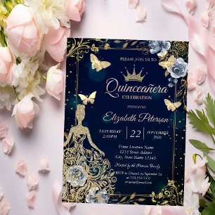 Jurk, Vlinders Navy Blauwe Bloemen Quinceañera Kaart