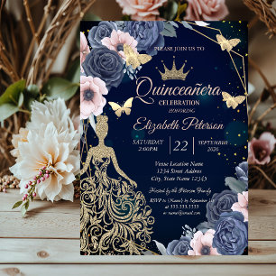 Jurk,Vlinders Sterren Blauwe Bloemen Quinceañera Kaart