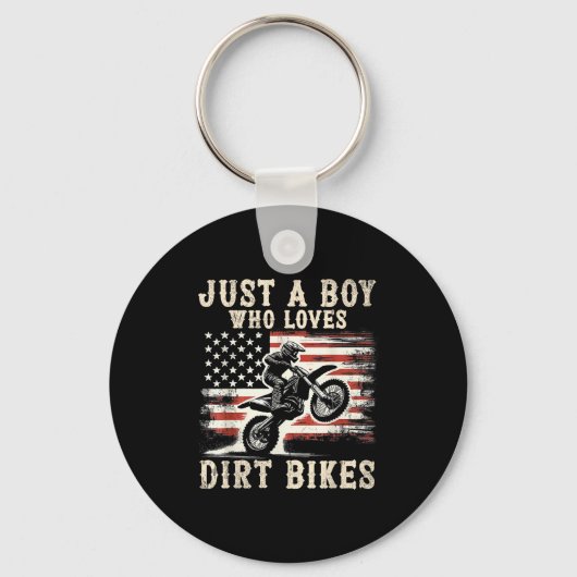 Just A Boy Who Loves Dirt Bikes American Flag Moto Sleutelhanger (Voorkant)