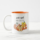 Just A Girl Who Loves Fall Leaves Pumpkins Bows Tweekleurige Koffiemok (Links)