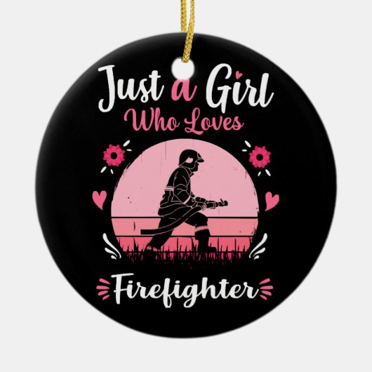 Just A Girl Who Loves Firefighter Pink Retro Vinta Keramisch Ornament (Voorkant)