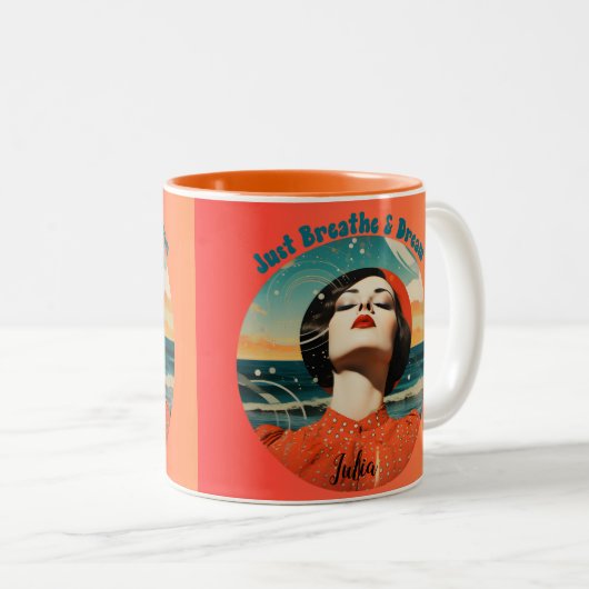 Just Breathe and Dream Retro Orange coffee mug Tweekleurige Koffiemok (Voorkant rechts)