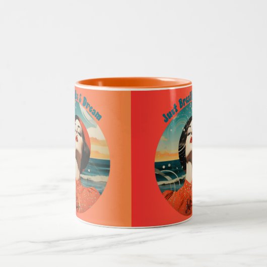 Just Breathe and Dream Retro Orange coffee mug Tweekleurige Koffiemok (Center)