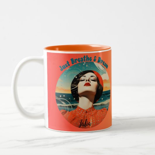 Just Breathe and Dream Retro Orange coffee mug Tweekleurige Koffiemok (Links)