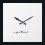 Just breathe black elegant script yoga large clock vierkante klok<br><div class="desc">Modern yoga clock with a chic white background and an elegant hand lettered black script with the quote "just breathe".</div>
