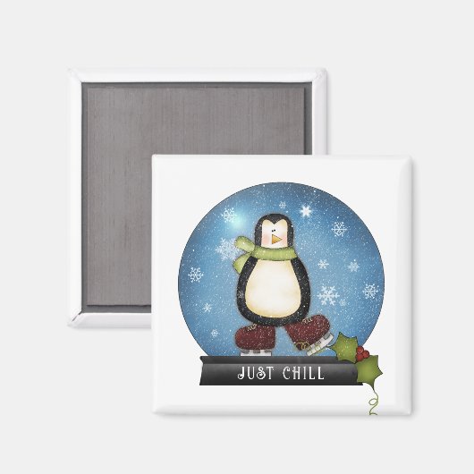 JUST CHILL Penguin Ice Skating Inside Snowglobe Magneet (Voorkant / Achterkant)