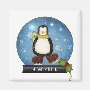 JUST CHILL Penguin Ice Skating Inside Snowglobe Magneet