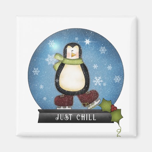 JUST CHILL Penguin Ice Skating Inside Snowglobe Magneet (Voorkant)