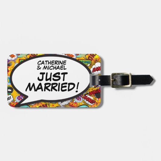 JUST GETROUWD Speech Bubble Pret Fun Retro Stripbo Bagagelabel (Voorkant horizontaal)