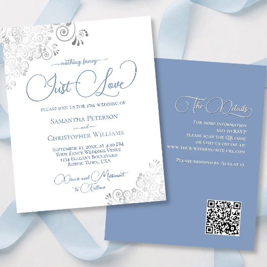 Just Love Blue QR Code BUDGET bruiloft uitnodiging