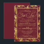 Just Love Burgundy & Gold Autumn Leaves Wedding Kaart<br><div class="desc">This beautiful wedding invitation features a rustic boho chic watercolor background with leaves and foliage in shades of burgundy and gold. The design is elegant, whimsical, and fun, including modern script lettering with swashes and flourishes on the ends of the letters reading "Nothing fancy, just love!" Lovely way to invite...</div>