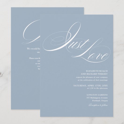 Just Love Chic Script QR Code Stofblauw Bruiloft Kaart (Voorkant / Achterkant)