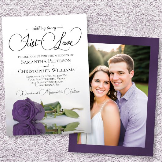 Just Love Elegant Amethyst Rose Wedding Photo Back Kaart