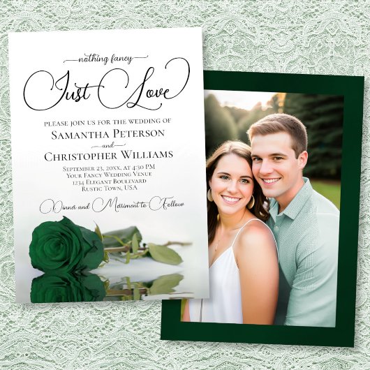 Just Love Emerald Green Rose Photo on Back Wedding Kaart