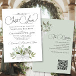 Just Love Eucalyptus Bouquet QR Code Huwelijk Kaart<br><div class="desc">Deze prachtige huwelijksuitnodiging is voorzien van een rustiek boho chic ontwerp met een cluster van handbeschilderde waterverf takjes van eucalyptusbladeren en tuingroen gebonden met een witte satijnen boog. De titel is geschreven in een elegant schrift en luidt: Niets Fancy, gewoon liefde. De achterkant is salie groen met een ander boeket...</div>