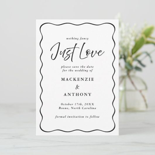 Just Love Handgeschreven Wavy Lijst Zwart & Wit Save The Date (Staand voorkant)