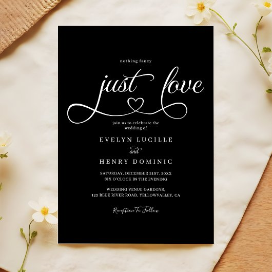 Just Love Heart Script Sleek Black Wedding Kaart
