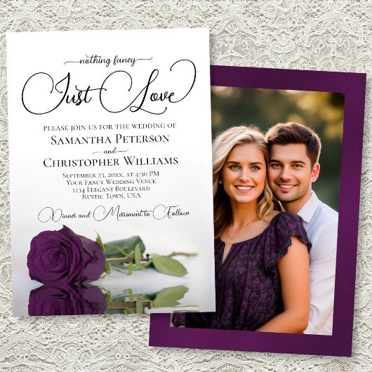 Just Love Plum Purple Rose Photo on Back Wedding Kaart