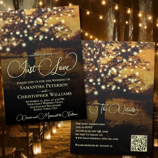 Just Love Rustic Tree & Lights QR Code Huwelijk Kaart
