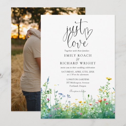 Just Love Script Wilde Bloemen Foto Bruiloft Kaart (Voorkant / Achterkant)