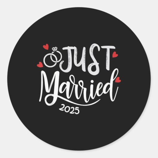 Just Married 2025 - Bruid &amp; Bruidegom Trouwrin Ronde Sticker (Voorkant)