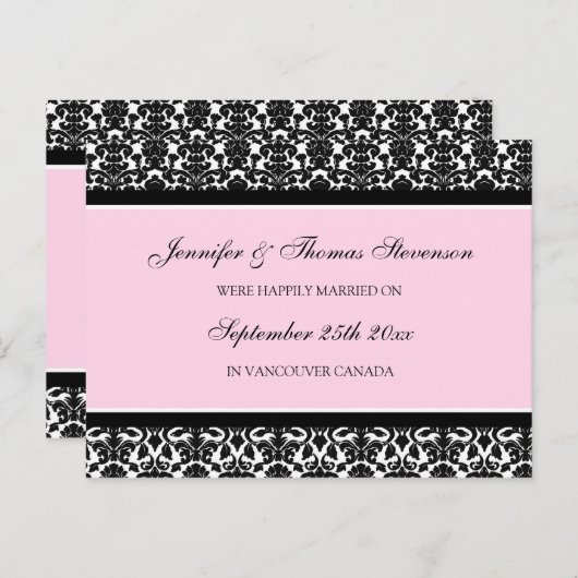 Just Married Announcement Briefkaarten Pink Damask (Voorkant / Achterkant)
