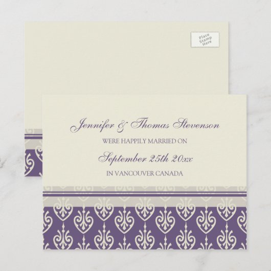 Just Married Announcement Briefkaarten Plum Cream (Voorkant / Achterkant)